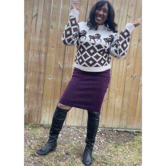AUTUMN ADEIGBO Brown Horse Printed 100% Virgin Wool Marla Turtleneck Top Small - Picture 7 of 14